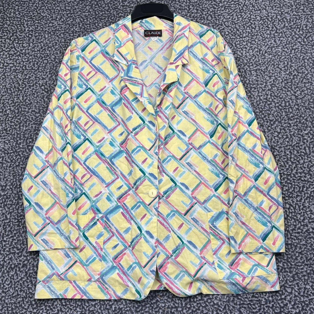 Vintage Claude Blazer Jacket Women 16 Abstract Pastel Geometric Cotton